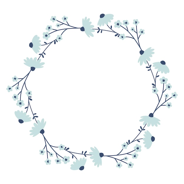 Vector wreath with blue flowers Floral frame for celebrations Flower round border copy space Romantic design for greeting cards and invitations Floral text template with spring plants