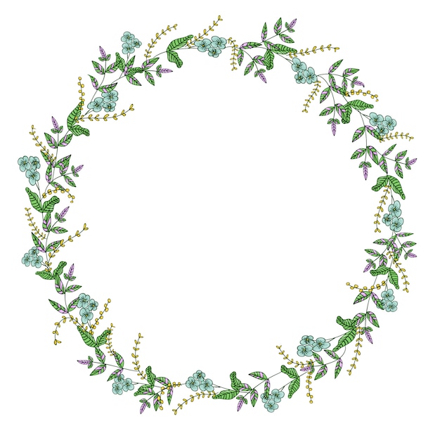 Vector wreath with garden flowers and herbs