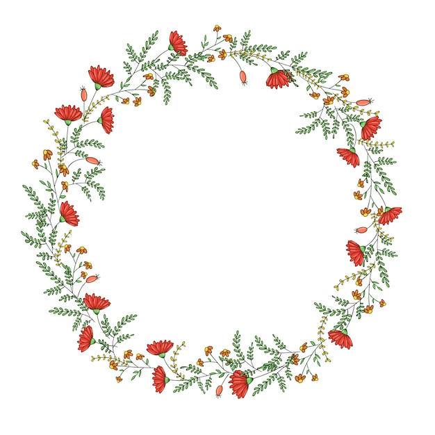 Vector wreath with garden flowers and herbs