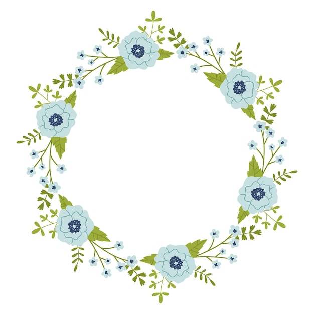 Vector wreath with green leaves and blue flowers Floral frame for celebrations Flower round border copy space Romantic design for greeting cards and invitations Text template with blue flowers