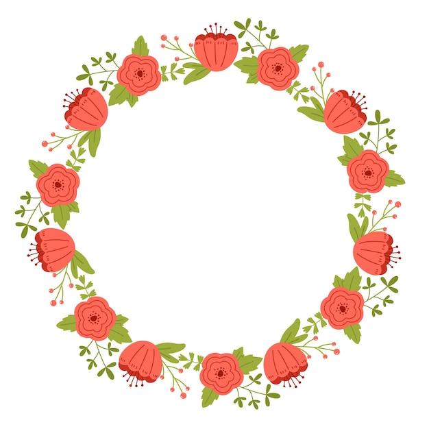 Vector wreath with leaves and pink flowers Floral frame for celebrations Flower round border copy space Romantic design for greeting cards and invitations Elegant text template with spring plants