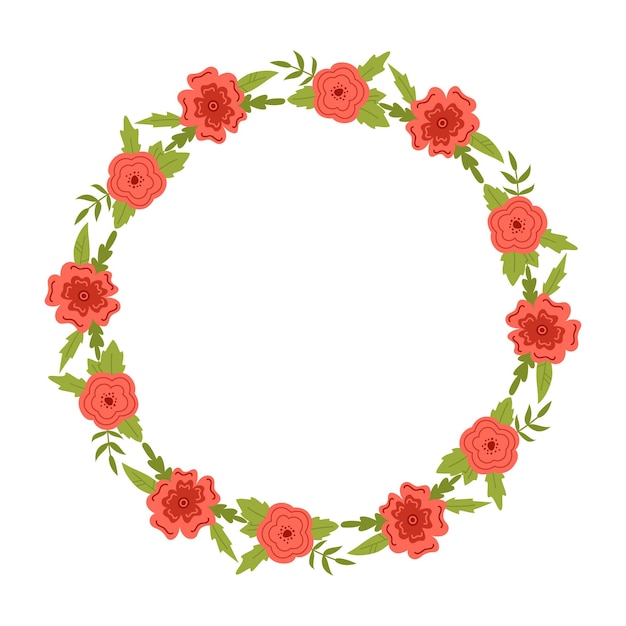 Vector wreath with leaves and red flowers Floral frame for text Flower round border copy space Romantic design for greeting cards and invitations Elegant text template with blossom flowers