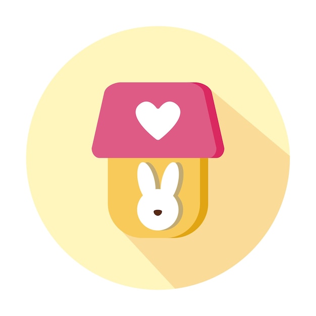 Vector yellow house with white rabbit and pink roof with white heart flat style round icon isolated on white background