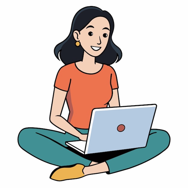 Vector young attractive woman works at a laptop sitting on the floor