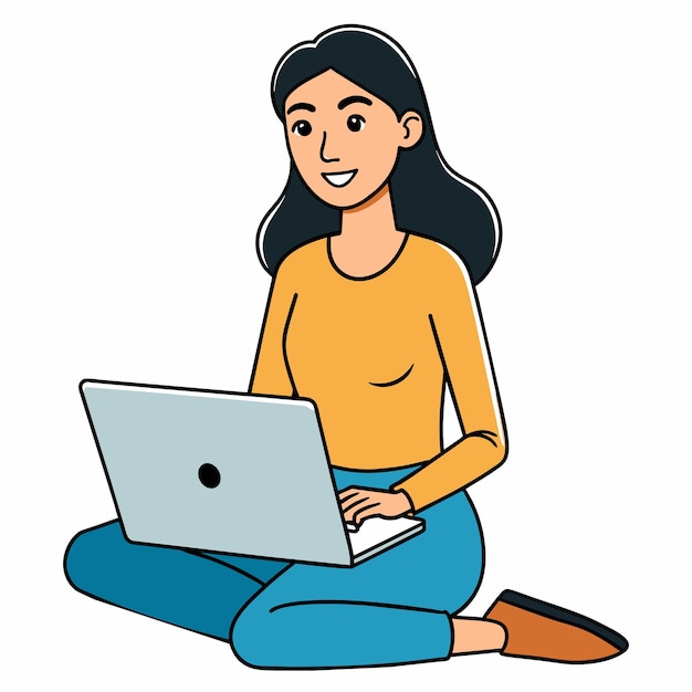 Vector young attractive woman works at a laptop sitting on the floor