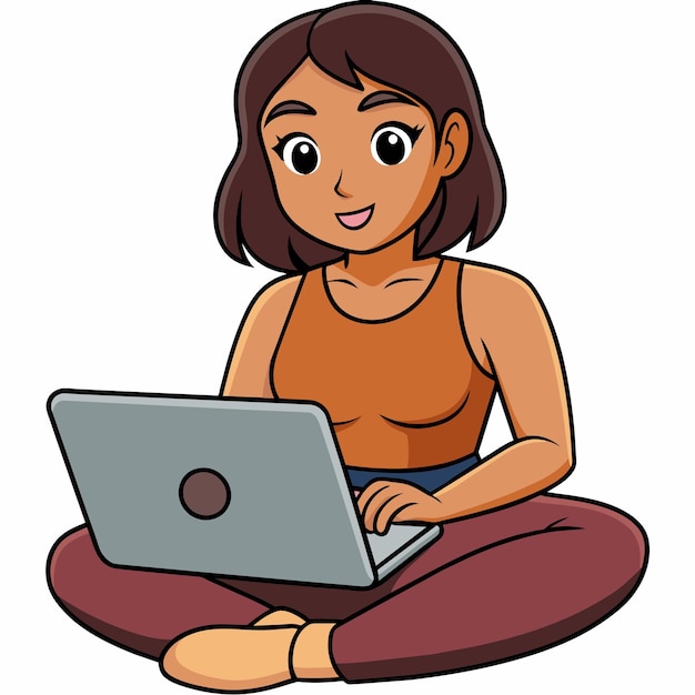 Vector young attractive woman works at a laptop sitting on the floor