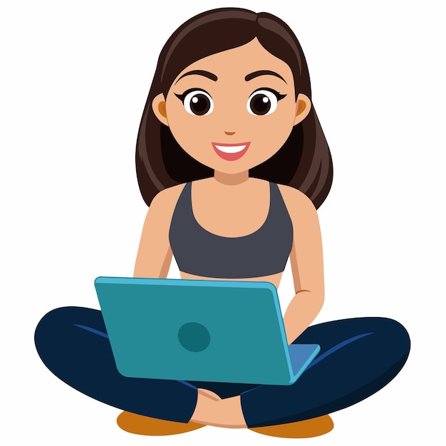 Vector young attractive woman works at a laptop sitting on the floor