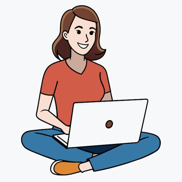 Vector young attractive woman works at a laptop sitting on the floor