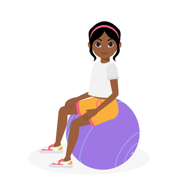 Vector young girl doing exercise using fitness ball