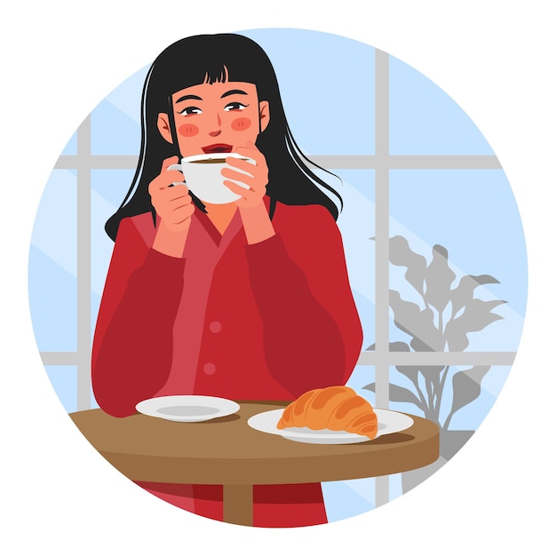 Vector of a young woman sits having breakfast and drinks a cup of coffee in the cafe