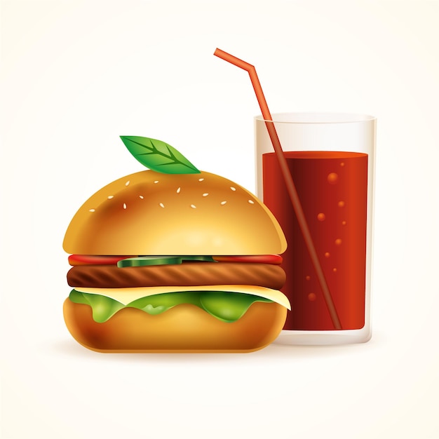 Vegan burger and soft drink fast food meal set illustration