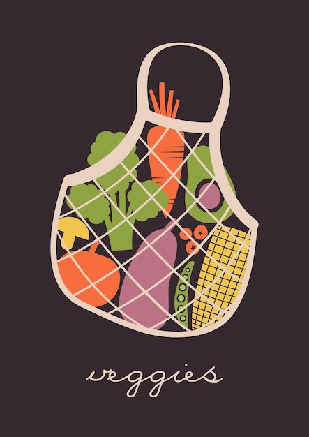 Vegan concept. Illustration of eco bag with veggies, brocccoli, carrot, avocado in flat style.