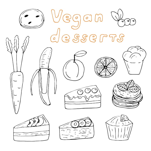 Vegan desserts set vector illustration hand drawing doodles