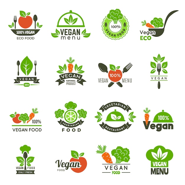 Vegan emblem. Fresh eco healthy food market vegetarian emblems green ecology symbols isolated. Illustration vegetarian menu logo, bio eco food