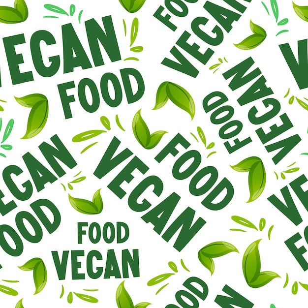 Vegan Food text and green leaves seamless pattern