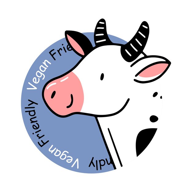 Vegan friendly icon with cute cow in doodle style Vegan sticker Vector isolated illustration