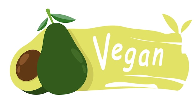 Vegan horizontal emblem for vegan food shop sign design Icon with avocado and smeared fruit juice Tag for cafe restaurant and packaging Vector