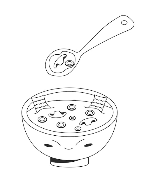 Vegan miso soup korean food illustration in cute bowl with seaweed mushroom green onion in outline