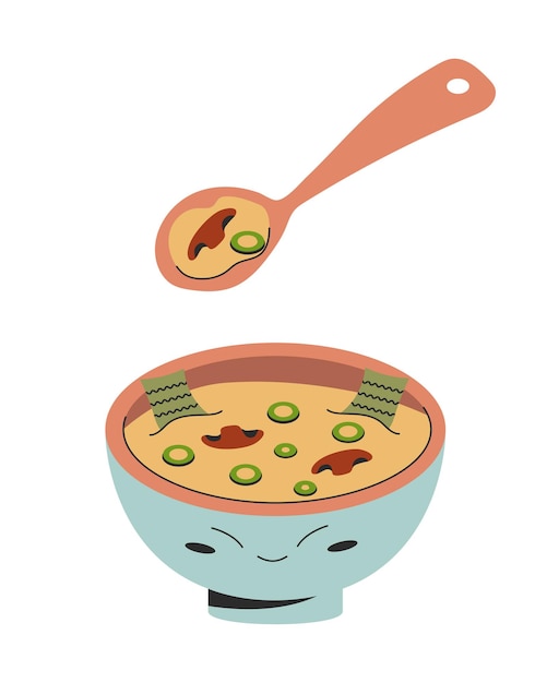 Vegan miso soup korean food illustration in cute bowl with spoon seaweed mushroom green onion