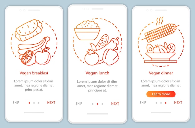 Vegan nutrition onboarding mobile app page screen vector template Vegetarian breakfast lunch and dinner walkthrough website steps with linear illustrations UX UI GUI smartphone interface concept