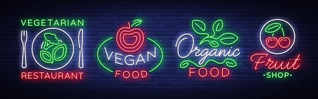 Vegan set of logos in a neon style Collection of neon signs a bright luminous sign neon advertising