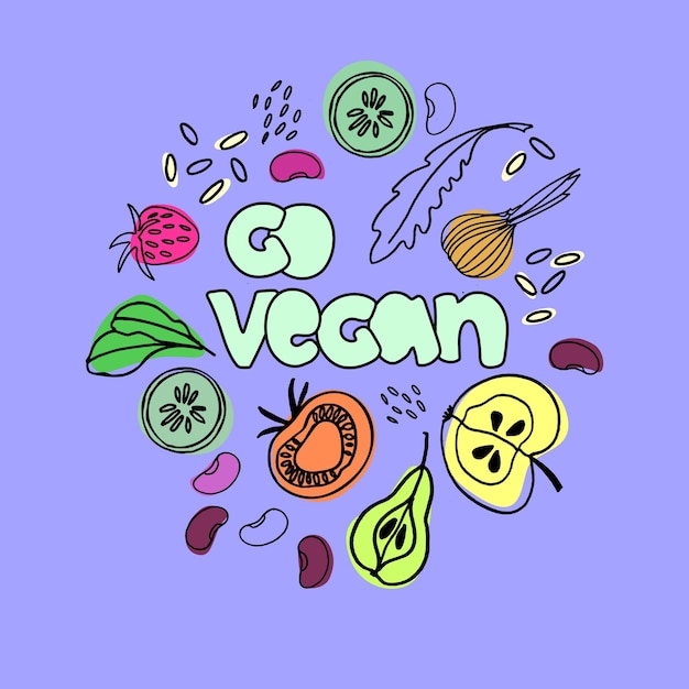 Vector veganism concept hand lettering and hand drawn pictures of vegan foods can be used for web mobile app landing page social media poster banner flyer isolated design element