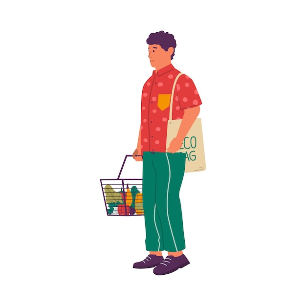 Vegans and organic food Vegetarian with natural meal Character buying vegetables Man carrying grocery basket and ecofriendly bag Healthy lifestyle Supermarket customer Vector veggie