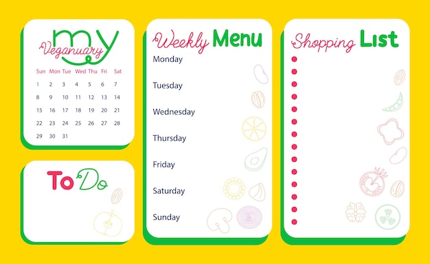 Veganuary calendar page and menu planner vector illustration