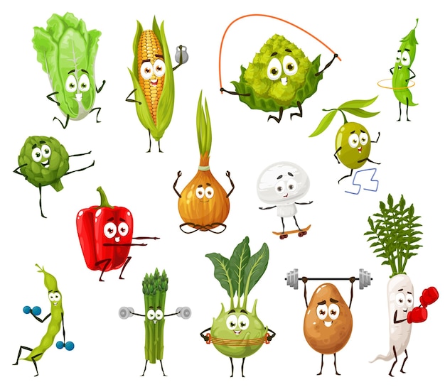 Vegetable, bean and mushroom cartoon characters doing sport exercises