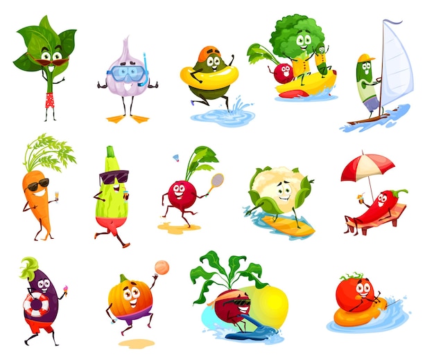 Vegetable characters on beach vacation, summer leisure activities, travel and holiday. Cute tomato, chilli pepper, carrot and garlic, broccoli, zucchini or avocado