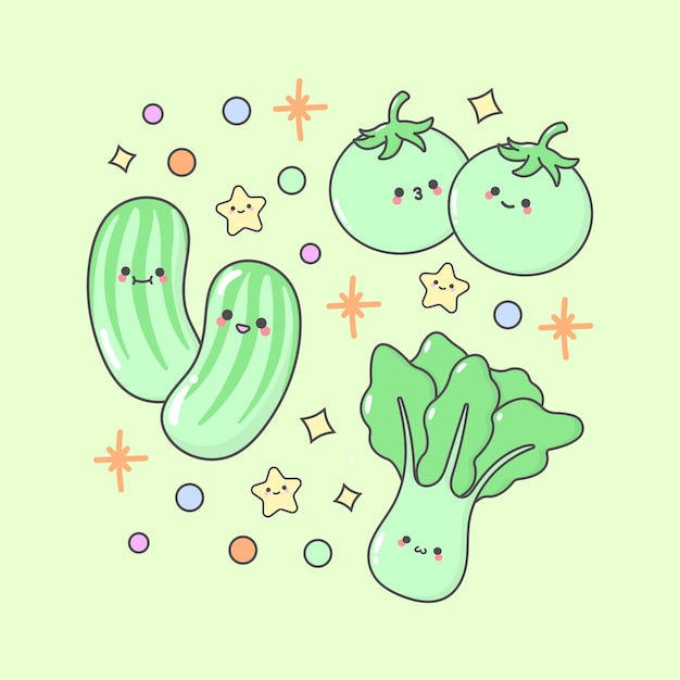 vegetable cucumber tomato lettuce pakchoy with cute facial expressions and pastel colour