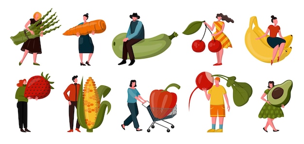 Vegetable food diet fruit and berries icons People health vegan eco logo vegetarian summer huge products healthy tiny woman and man Farm harvest Vector current cartoon flat illustration