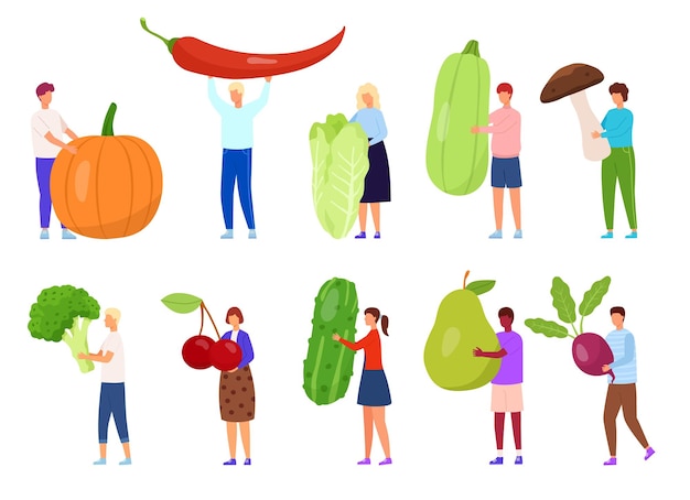 Vegetable food diet fruit and vegetables icons Man and women hold big products People health vegan eco logo vegetarian summer healthy characters Vector nowaday illustration set