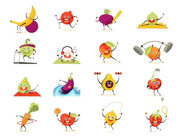 Vegetable and fruit training set. Collection of food character doing sport exercise. Funny face. Meditation and workout with dumbbell.   illustration in cartoon style