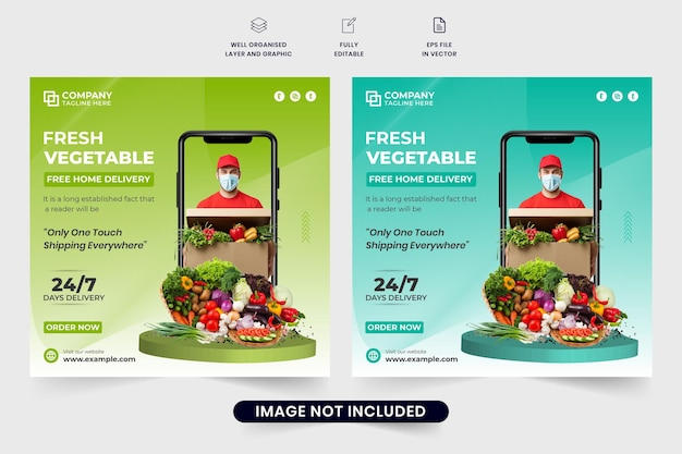 Vegetable and grocery home delivery service poster design with green backgrounds Modern courier and delivery business promotional web banner template Supermarket advertisement social media post