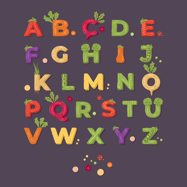 Vegetable lettering alphabet design on a dark background. illustration.