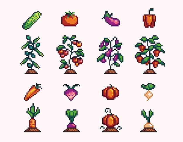 Vegetable plants pixel art set Growing crops collection 8 bit sprite