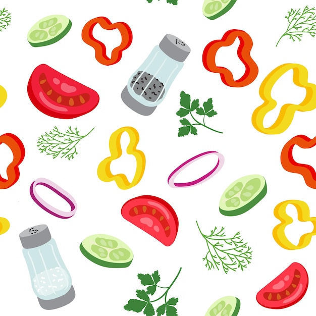 Vegetable salad seamless pattern Bell peppers tomatoes cucumbers onions herbs salt and pepper