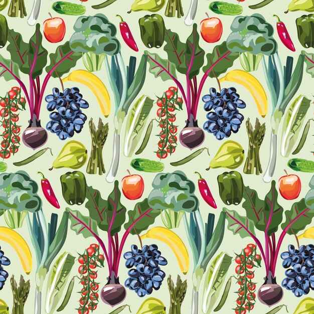 Vegetable seamless pattern with cute hand drawing Fruits and vegetables flat hand drawn seamless pattern Print for menu kitchen wallpaper home decor wrapping paper fabric