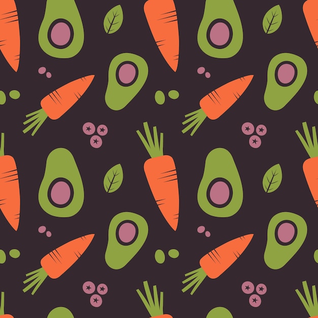 Vegetable seamless pattern with illustrations of avocado, carrot, berries. Simple healthy food