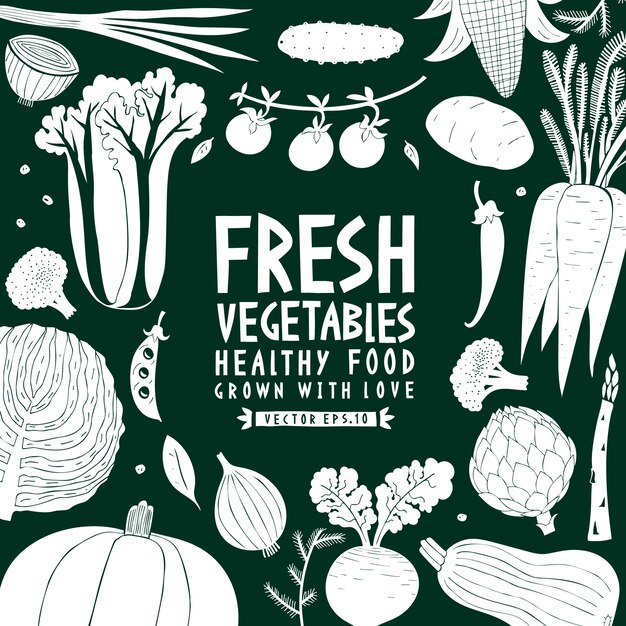 Vector vegetables background. linocut style. healthy food. vector illustration