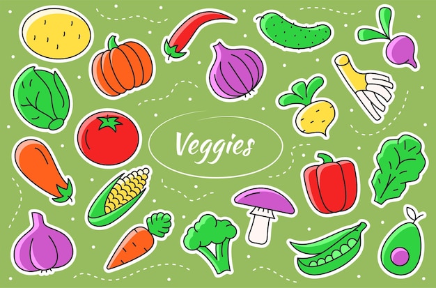 Vegetables cartoon stickers. Veggies vector illustration.