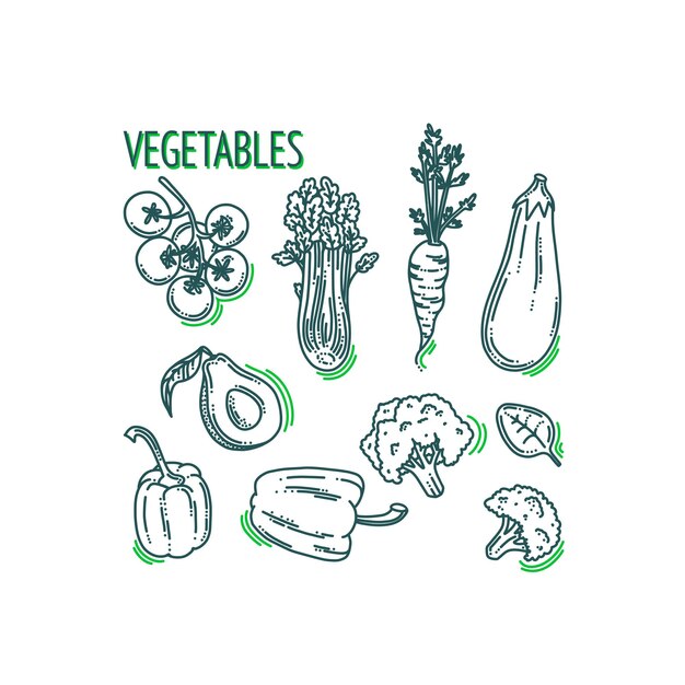 Vegetables doodle set Vegetarian food with avocado pepper carrot broccoli and other products