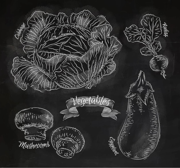 Vegetables drawn in chalk on a blackboard set