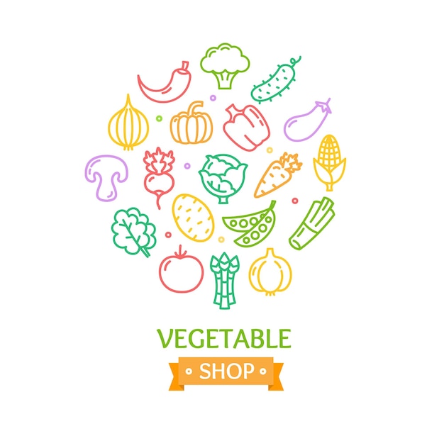 Vegetables Food Shop Color Round Design Template Outline Icon Concept Vector