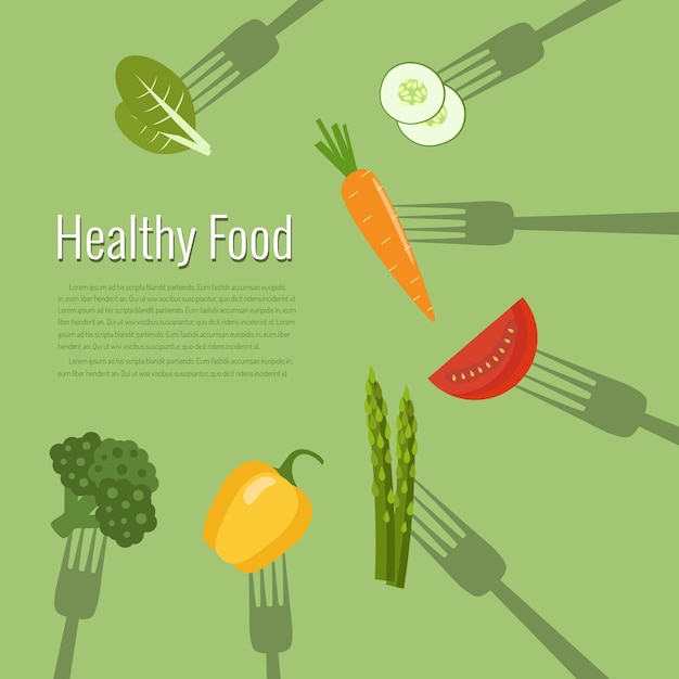 Vegetables and fruits on forks Healthy food