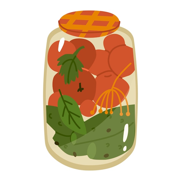 Vegetables in Glass jar Pickled cucumbers and tomatoes Home canning Preparing food for the winter Stocks in the closet Flat style in vector illustration Isolated element