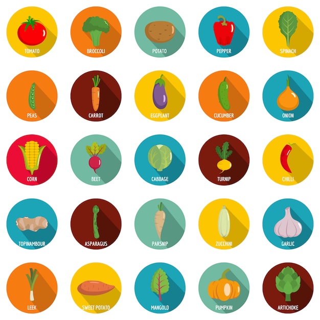 Vegetables icons set, flat style