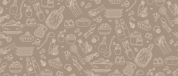 Vegetables and kitchenware on brown background seamless pattern