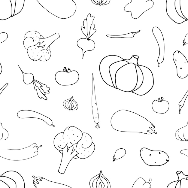 Vegetables seamless pattern Coloring page Aubergine pumpkin pepper okra tomatoes onion garlic